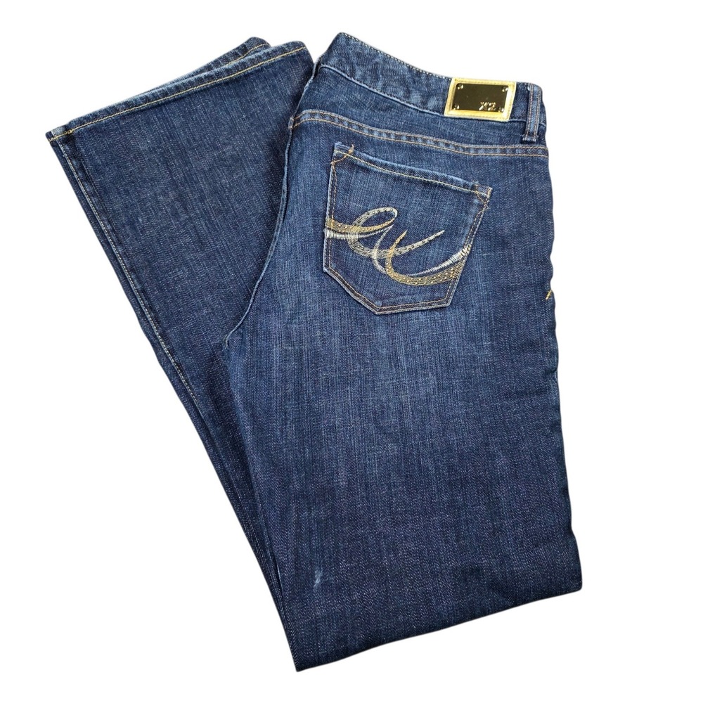 Express X2 Quality Denim Womens Dark Wash Flare Jeans Embroidered Pockets 10